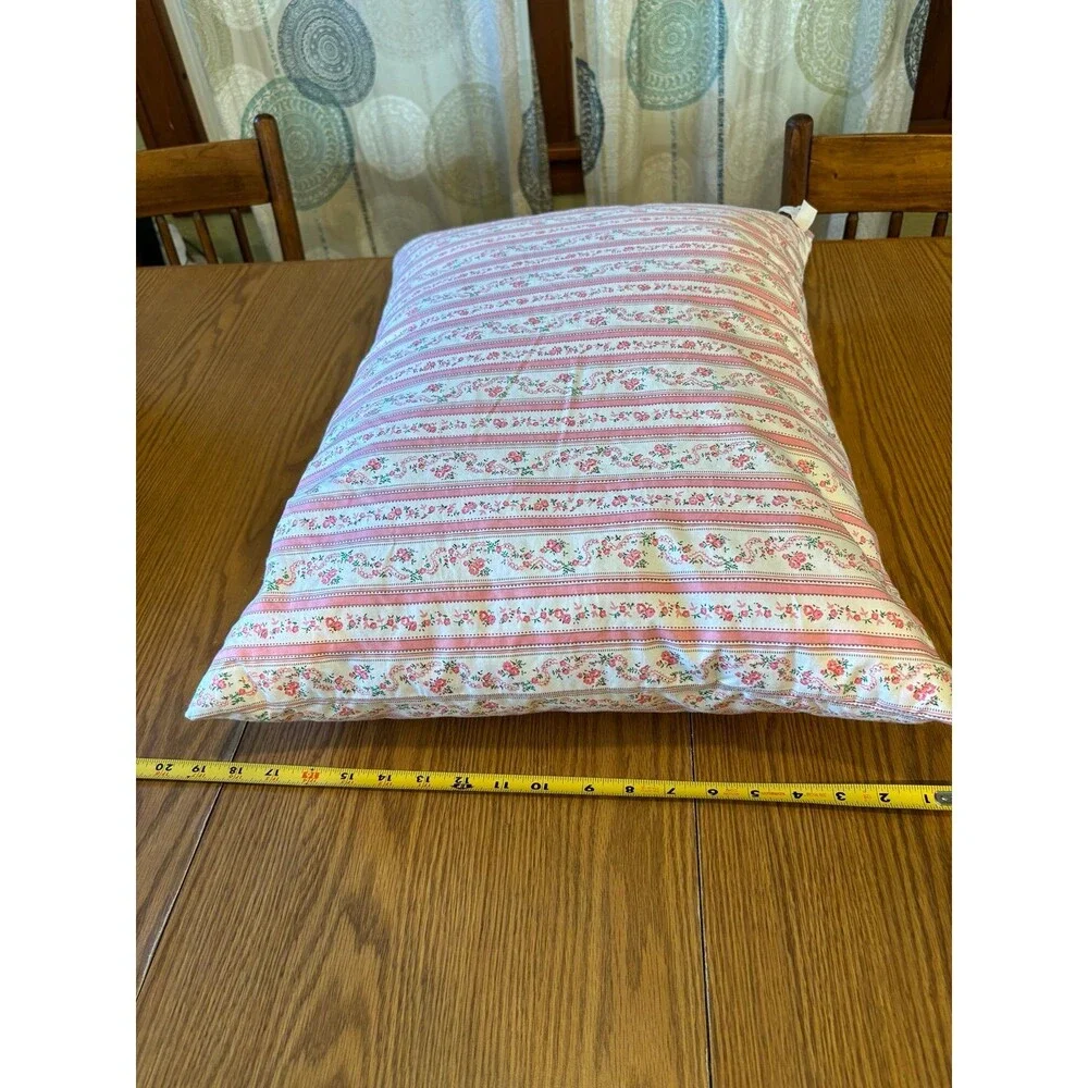 Vintage feather down pillow Harris bluprint ticking floral white pink stripes
